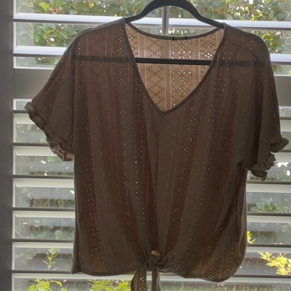 Brown Eyelet Tie-Front Top - Picture 1 of 6